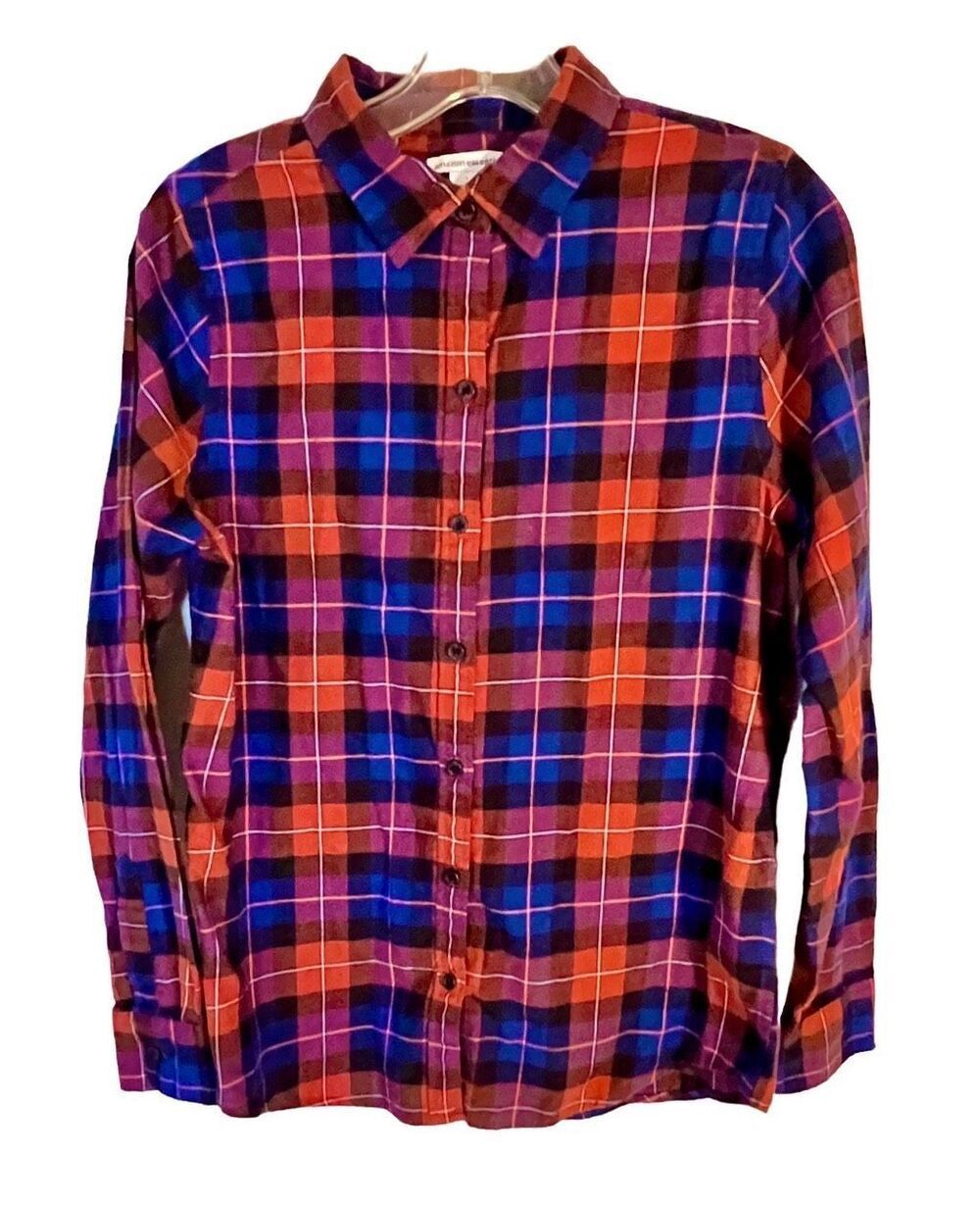 Amazon Essentials Brown/Blue Plaid Button Front Shirt Sz Small